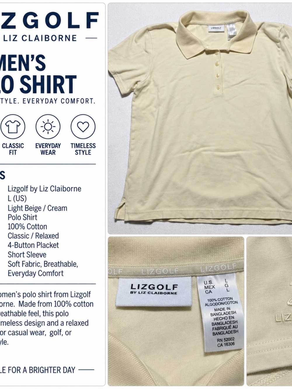 Liz Golf by Liz Claiborne Women's Cream Polo Shirt Size Large